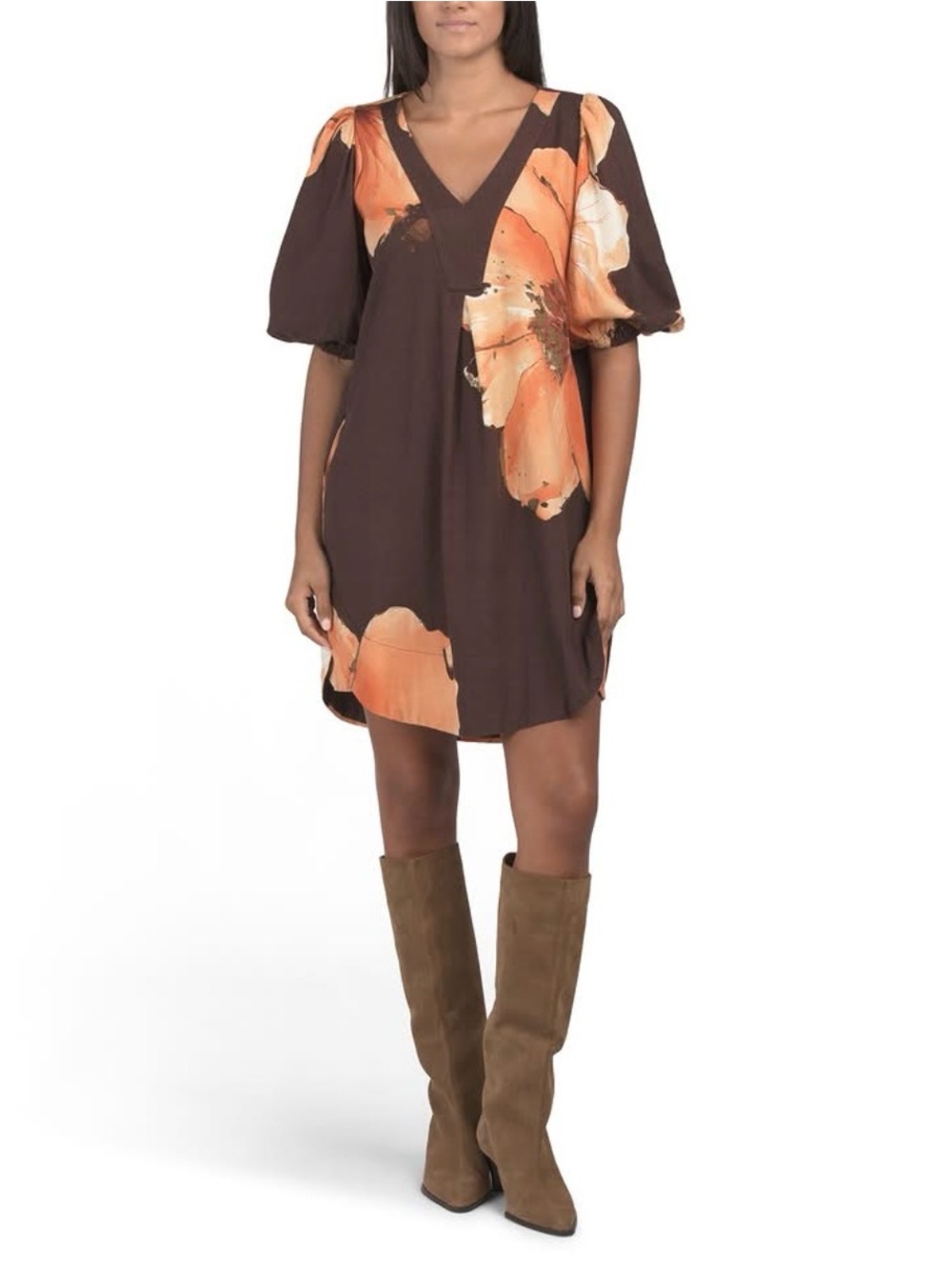 Calypso St. Barth Brown Linen Dress with Orange Floral Print